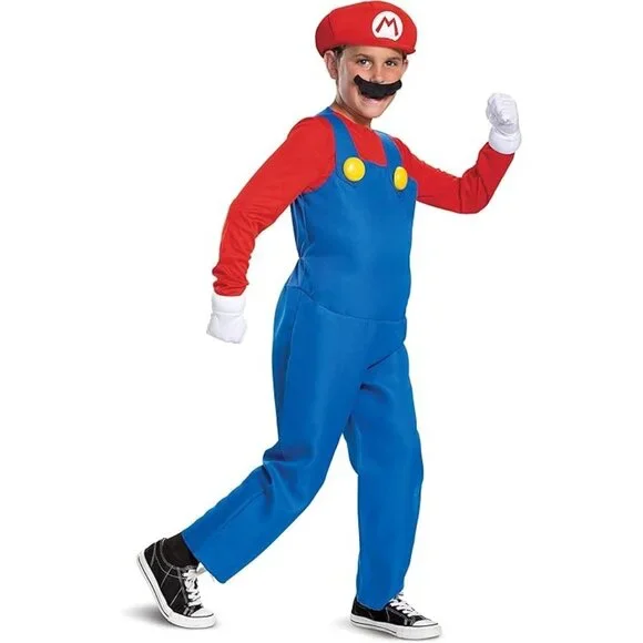 Super Mario Kids Costume 7-8 Gloves Plush Belly Jumpsuit Hat Halloween Boys Game - Picture 2 of 7